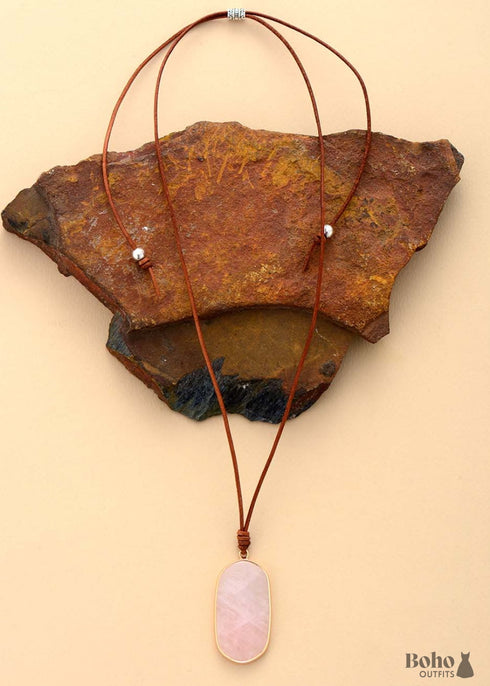 Boho Necklace, Natural Stone Pendant, Pink Rose Quartzs